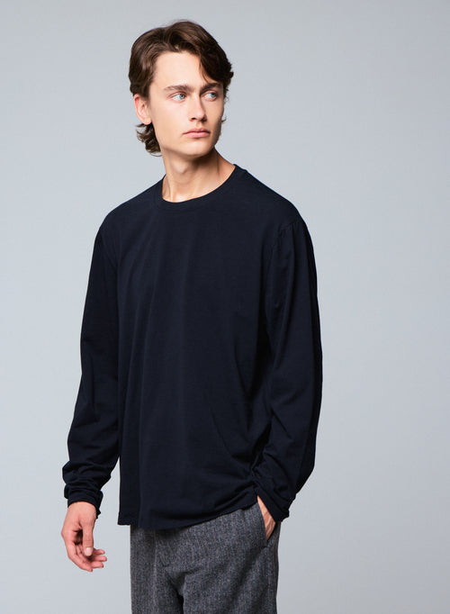 Schwarzes Langarm-T-Shirt mit Rundhalsausschnitt aus Bio-Baumwolle / Elasthan - MAJESTIC FILATURES