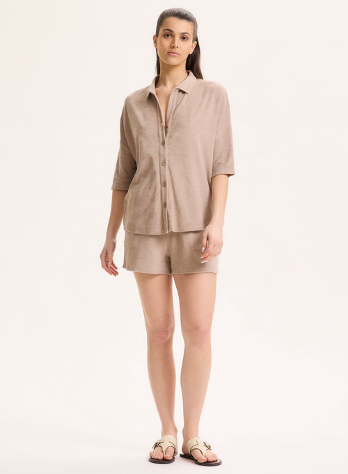 Chemise Beige Col Chemise Manches Coudes en Coton / Modal - MAJESTIC FILATURES