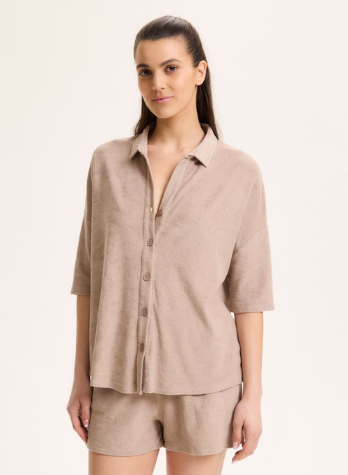 Chemise Beige Col Chemise Manches Coudes en Coton / Modal - MAJESTIC FILATURES