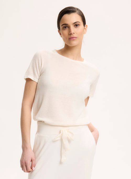 T-shirt Écru Col Rond Manches Courtes en 100% Cachemire - MAJESTIC FILATURES