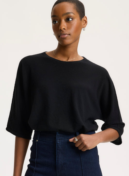 Tee shirt Noir Col Rond Manches Coudes en Cachemire - MAJESTIC FILATURES