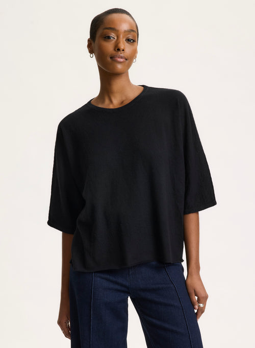 Tee shirt Noir Col Rond Manches Coudes en Cachemire - MAJESTIC FILATURES