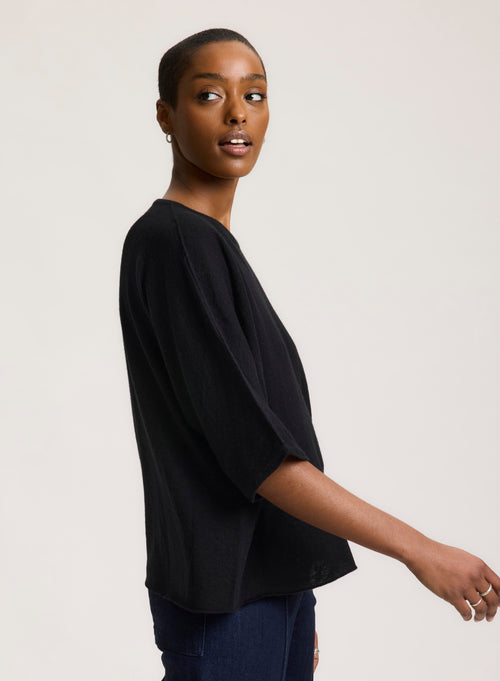 Tee shirt Noir Col Rond Manches Coudes en Cachemire - MAJESTIC FILATURES