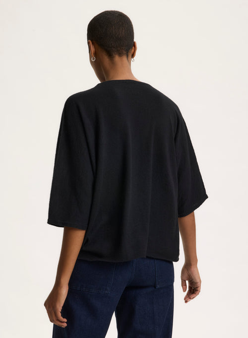 Tee shirt Noir Col Rond Manches Coudes en Cachemire - MAJESTIC FILATURES