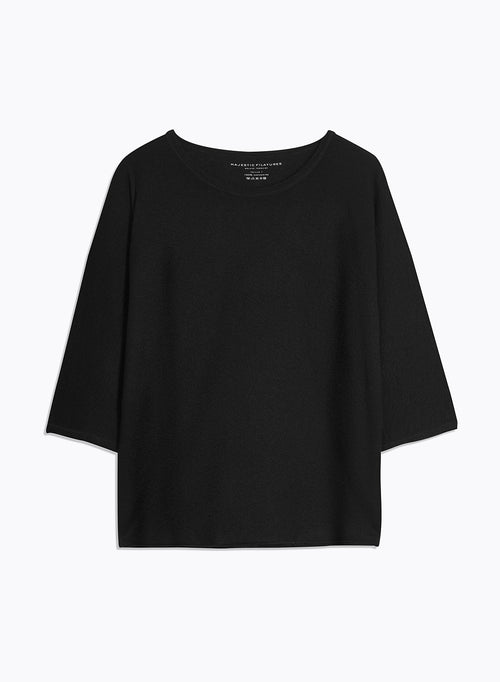 Tee shirt Noir Col Rond Manches Coudes en Cachemire - MAJESTIC FILATURES