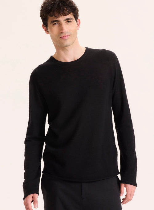 T-shirt Noir Col Rond Manches Longues en 100% Cachemire - MAJESTIC FILATURES