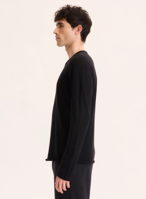 T-shirt Noir Col Rond Manches Longues en 100% Cachemire - MAJESTIC FILATURES