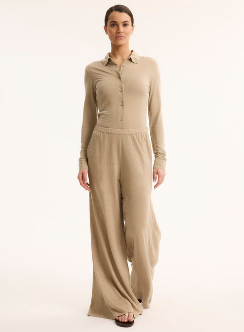 Chemise Beige Col Chemise Manches Longues - MAJESTIC FILATURES