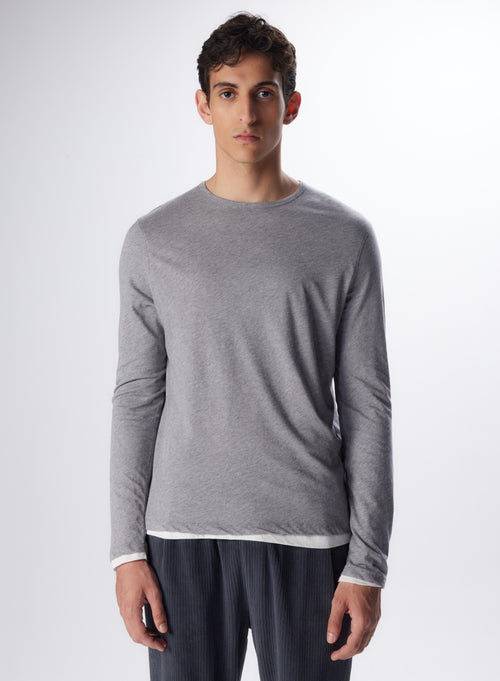 T-shirt Gris chiné / milk Col Rond Manches Longues en Coton - MAJESTIC FILATURES