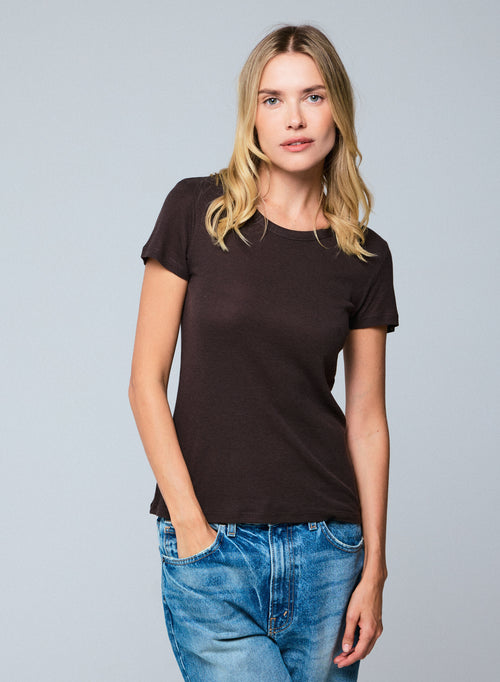 Braunes Kurzarm-T-Shirt mit Rundhalsausschnitt aus Lyocel / Tencel / Baumwolle - MAJESTIC FILATURES