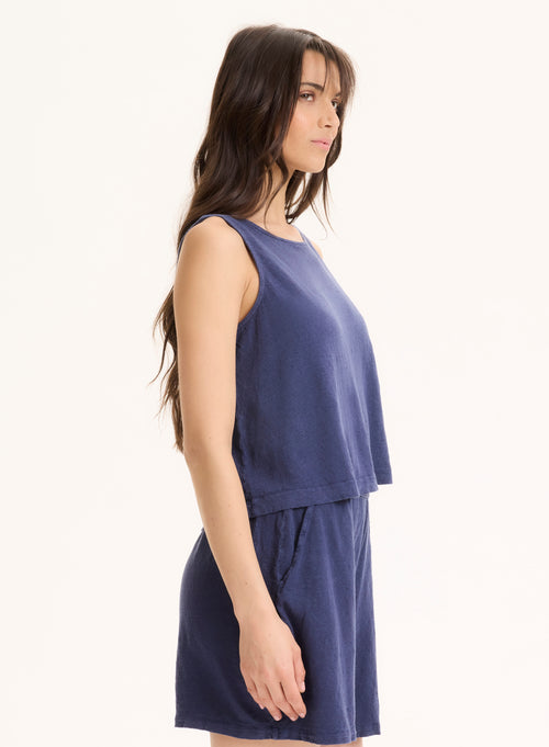 Blaues©Tanktop aus Leinen / Elasthan mit Rundhalsausschnitt - MAJESTIC FILATURES