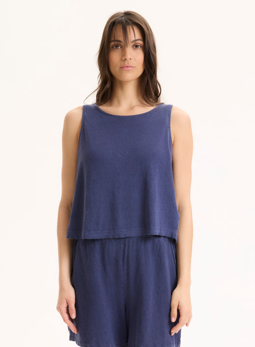 Blaues©Tanktop aus Leinen / Elasthan mit Rundhalsausschnitt - MAJESTIC FILATURES