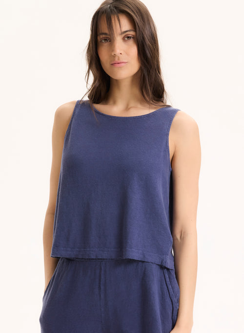 Blaues©Tanktop aus Leinen / Elasthan mit Rundhalsausschnitt - MAJESTIC FILATURES