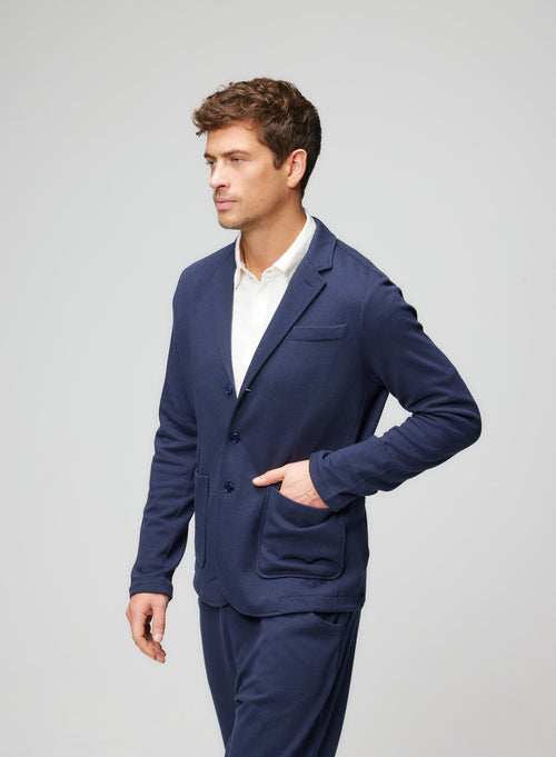 Veste 3 boutons Marine Manches Longues en Coton / Laine Merinos / Cachemire - MAJESTIC FILATURES