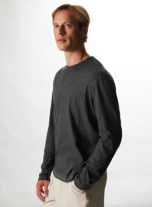T-shirt Noir HD Col Rond Manches Longues en Coton / Cachemire - MAJESTIC FILATURES