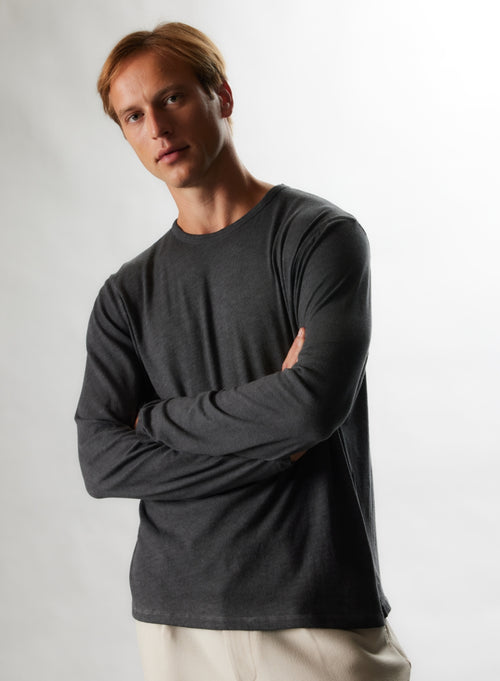 T-shirt Noir HD Col Rond Manches Longues en Coton / Cachemire - MAJESTIC FILATURES