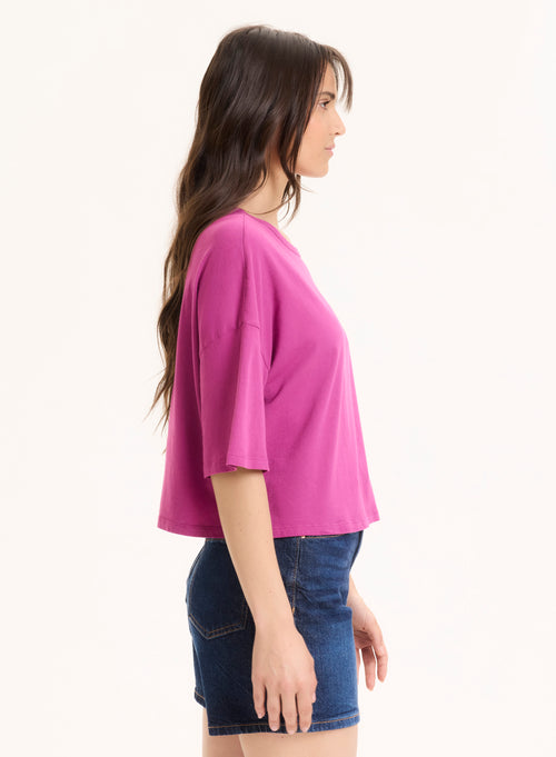 Lila Kurzärmeliges T-Shirt mit U-Boot-Ausschnitt aus Bio-Baumwolle - MAJESTIC FILATURES
