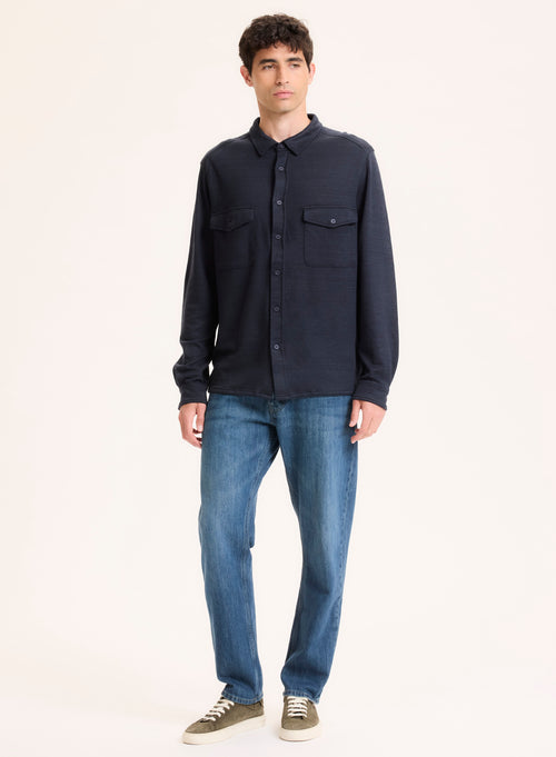 Marineblaues Hemd mit Kragen Langarm Leinen / Bio-Baumwolle - MAJESTIC FILATURES