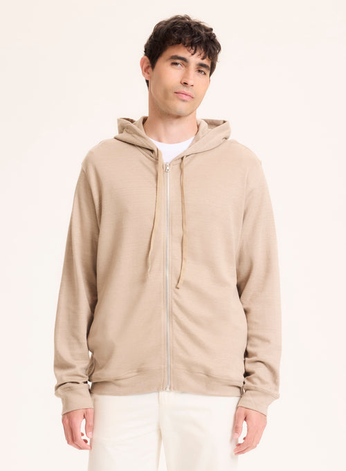 Gilet Beige Col Capuche Manches Longues en Lin / Coton organique - MAJESTIC FILATURES
