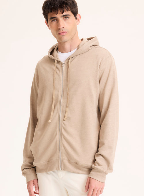 Gilet Beige Col Capuche Manches Longues en Lin / Coton organique - MAJESTIC FILATURES