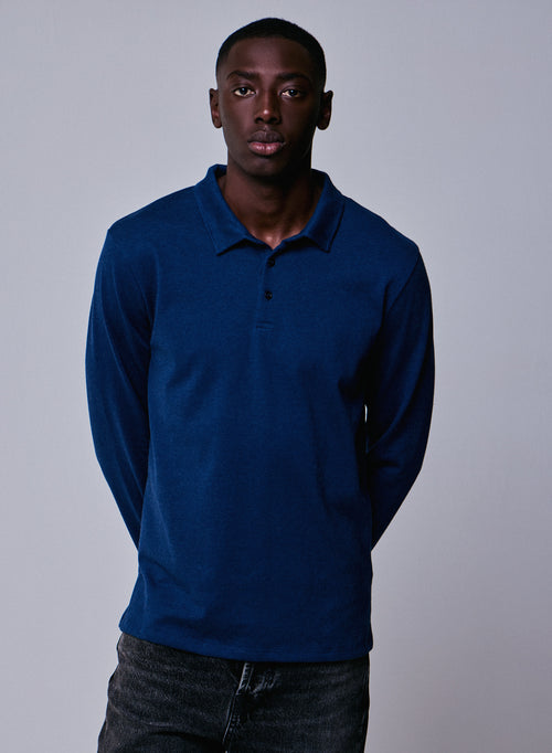 Blaues Poloshirt Langarm-Poloshirt aus Bio-Baumwolle - MAJESTIC FILATURES