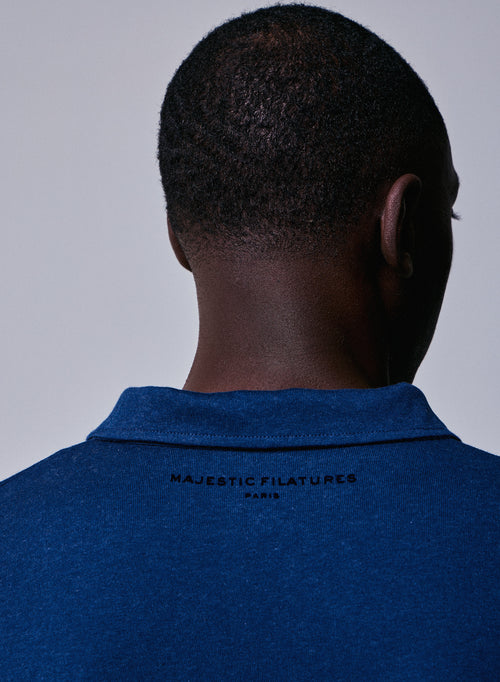 Blaues Poloshirt Langarm-Poloshirt aus Bio-Baumwolle - MAJESTIC FILATURES