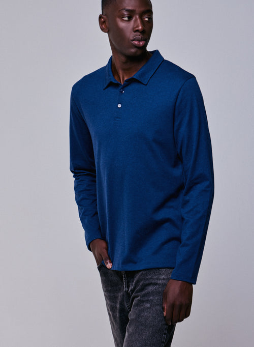 Blaues Poloshirt Langarm-Poloshirt aus Bio-Baumwolle - MAJESTIC FILATURES