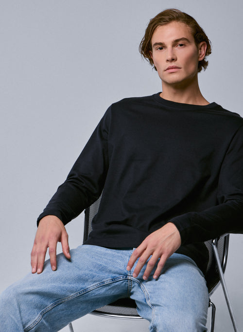 Marineblaues T-Shirt mit Rundhalsausschnitt und langen Ärmeln aus Bio-Baumwolle - MAJESTIC FILATURES