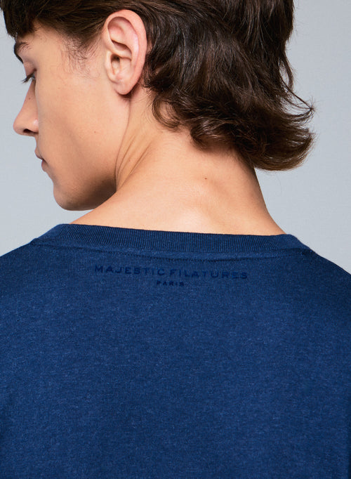 T-shirt Bleu Col Rond Manches Longues en Coton organique - MAJESTIC FILATURES