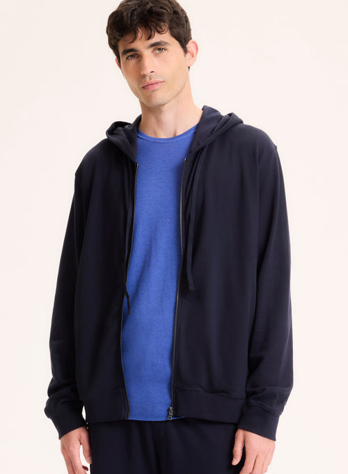Gilet Marine Col Capuche Manches Longues en Coton organique - MAJESTIC FILATURES