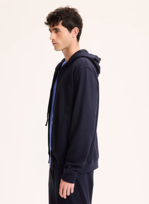 Gilet Marine Col Capuche Manches Longues en Coton organique - MAJESTIC FILATURES