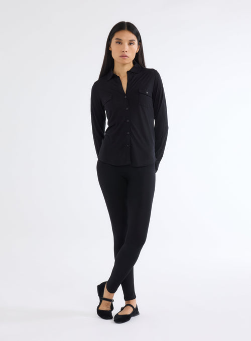 Chemise Noir Manches Longues en Laine et Lyocell - MAJESTIC FILATURES