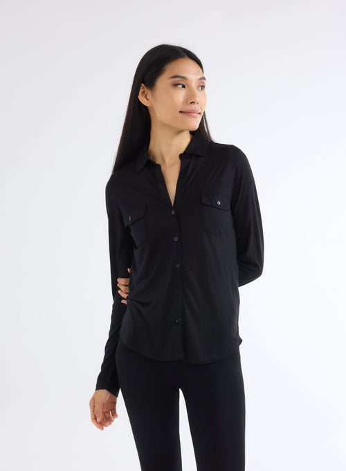 Chemise Noir Manches Longues en Laine et Lyocell - MAJESTIC FILATURES