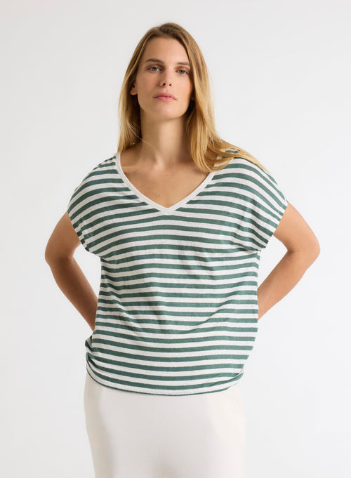 T-shirt Marinière Verte / Blanche Col V Manches Courtes en Lin / Elasthanne - MAJESTIC FILATURES