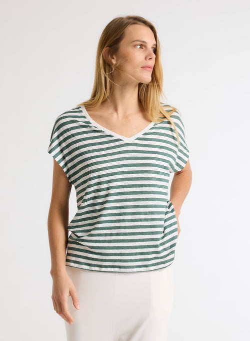T-shirt Marinière Verte / Blanche Col V Manches Courtes en Lin / Elasthanne - MAJESTIC FILATURES