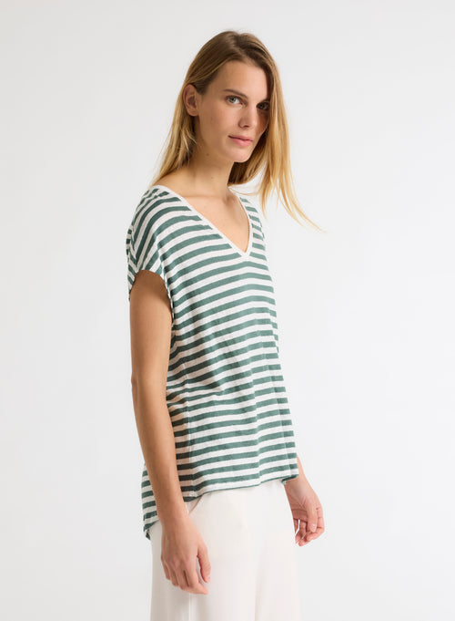 T-shirt Marinière Verte / Blanche Col V Manches Courtes en Lin / Elasthanne - MAJESTIC FILATURES