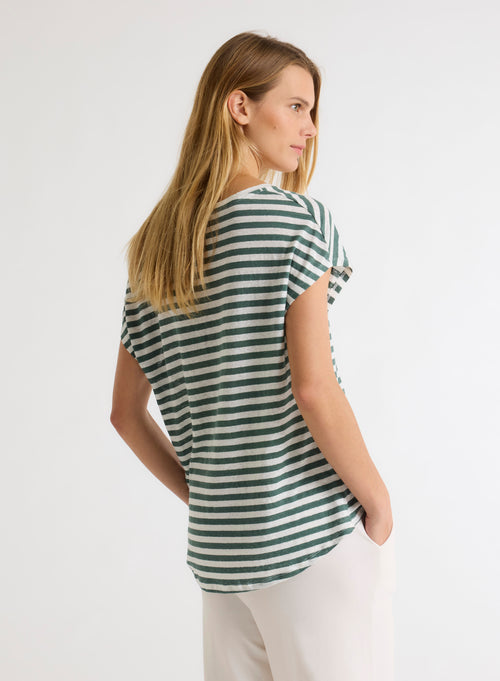 T-shirt Marinière Verte / Blanche Col V Manches Courtes en Lin / Elasthanne - MAJESTIC FILATURES