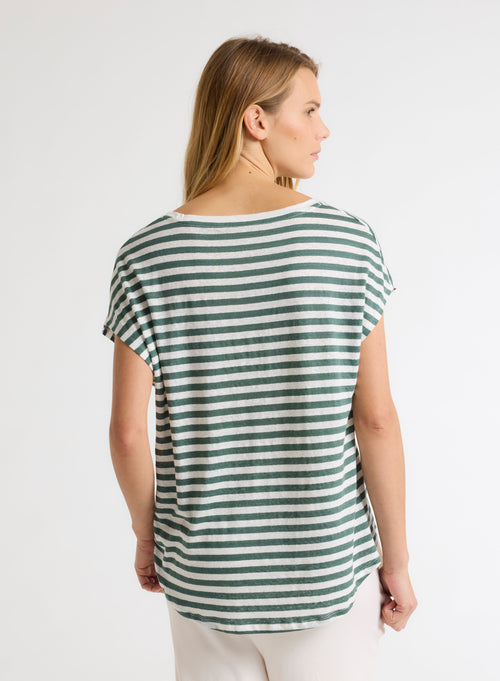 T-shirt Marinière Verte / Blanche Col V Manches Courtes en Lin / Elasthanne - MAJESTIC FILATURES
