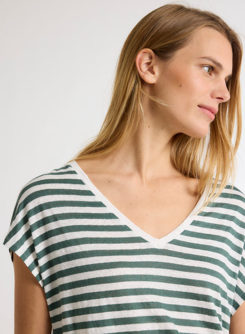 T-shirt Marinière Verte / Blanche Col V Manches Courtes en Lin / Elasthanne - MAJESTIC FILATURES