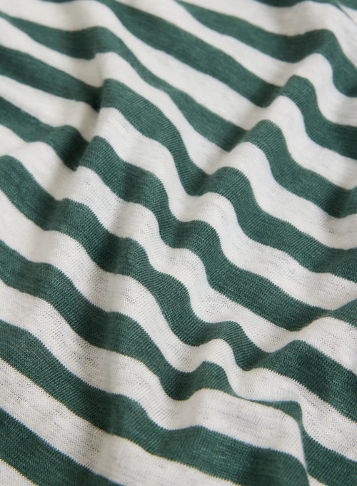 T-shirt Marinière Verte / Blanche Col V Manches Courtes en Lin / Elasthanne - MAJESTIC FILATURES