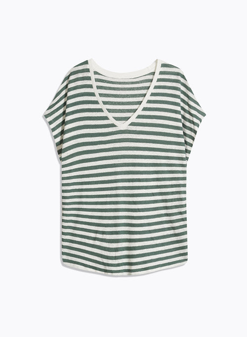 T-shirt Marinière Verte / Blanche Col V Manches Courtes en Lin / Elasthanne - MAJESTIC FILATURES