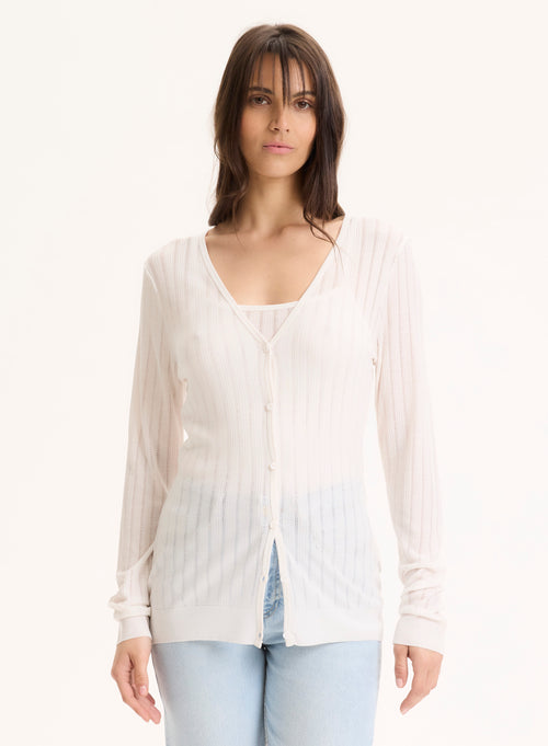 Gilet Blanc Col V Manches Longues en Lyocell / Tencel - MAJESTIC FILATURES