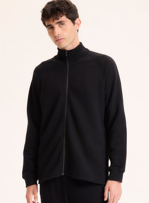 Gilet Noir Col Montant Manches Longues en Coton organique - MAJESTIC FILATURES