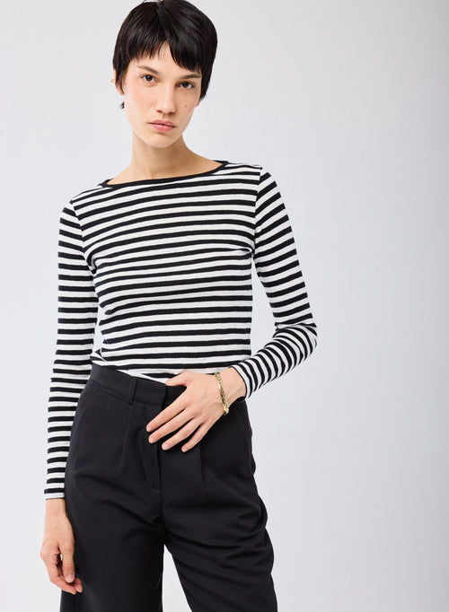 T-shirt Marinière Noir / Beige Col Rond Manches Longues en Coton organique - MAJESTIC FILATURES