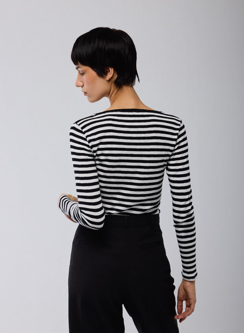T-shirt Marinière Noir / Beige Col Rond Manches Longues en Coton organique - MAJESTIC FILATURES