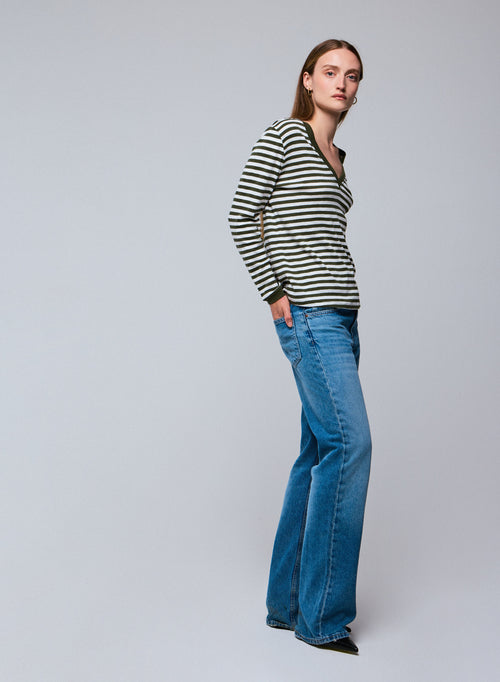 Grün / Weißes Langarm-T-Shirt mit V-Ausschnitt aus Bio-Baumwolle - MAJESTIC FILATURES