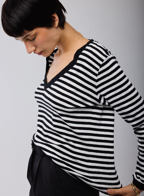 T-shirt Marinière Noir / Beige Col V Manches Longues en Coton organique - MAJESTIC FILATURES
