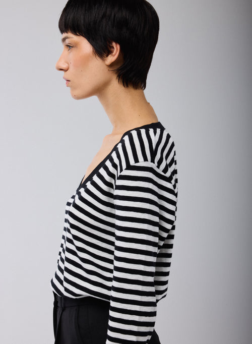 T-shirt Marinière Noir / Beige Col V Manches Longues en Coton organique - MAJESTIC FILATURES
