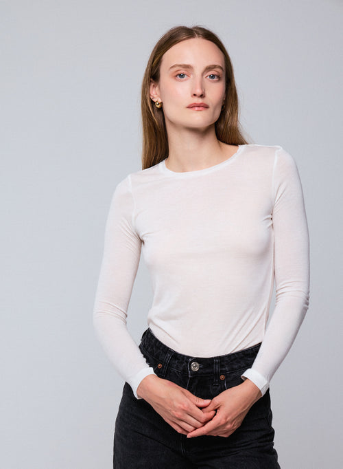 Weißes Langarm-T-Shirt mit Rundhalsausschnitt aus Viskose / Kaschmir - MAJESTIC FILATURES
