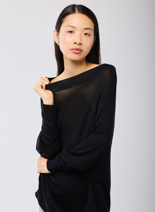 Schwarzer Pullover Boatneck Lange Ärmel aus Merinowolle - MAJESTIC FILATURES